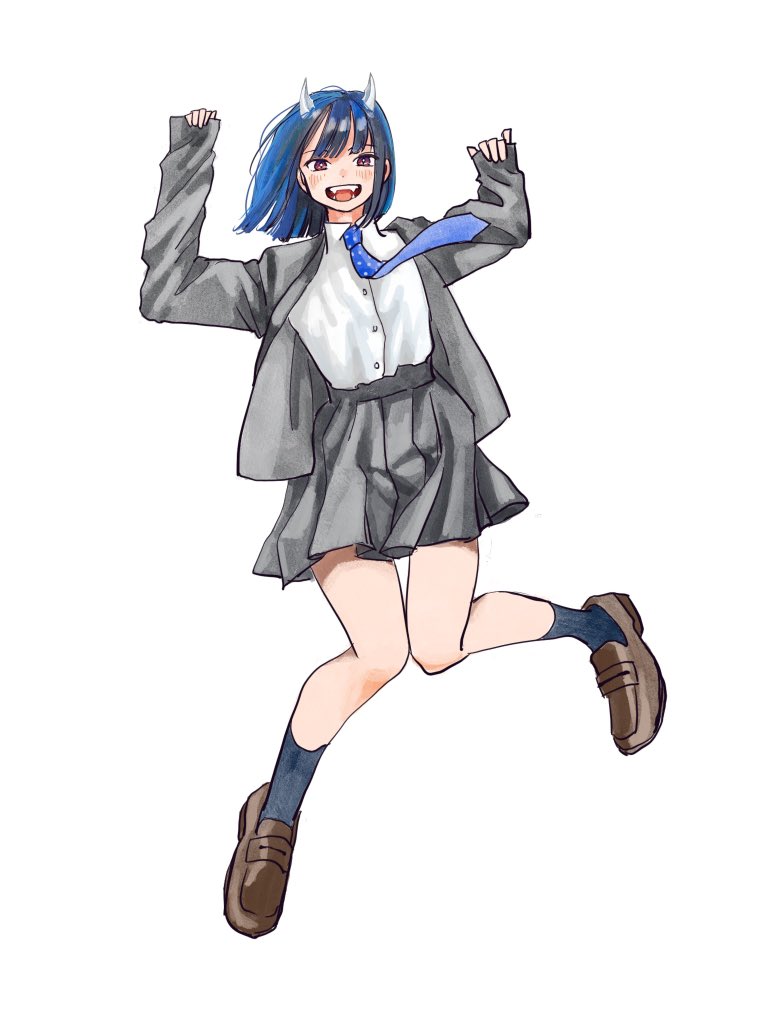 1girl solo necktie blue hair horns skirt jacket  illustration images