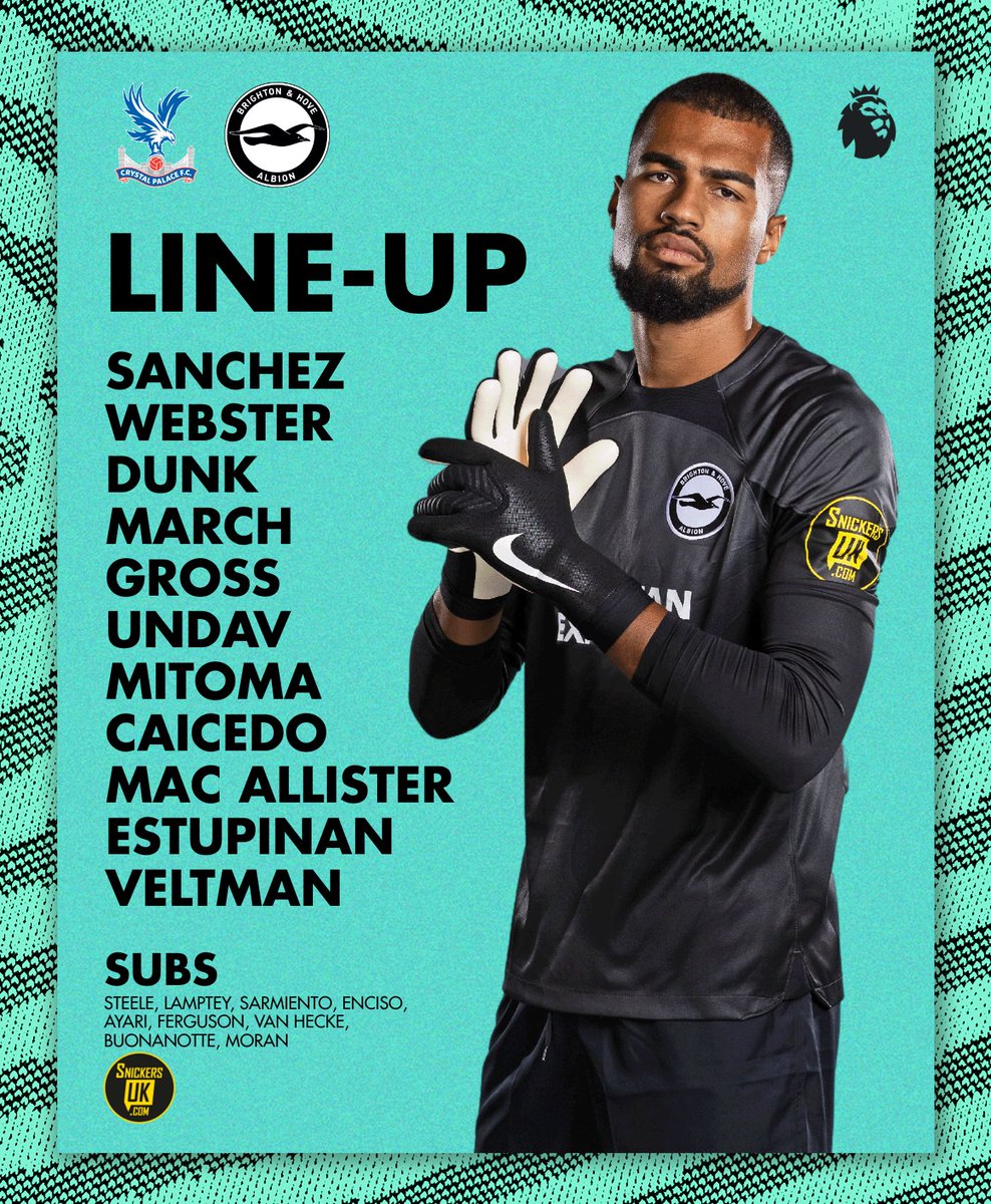 BHAFC's tweet photo. COME ON ALBION! 💪 Here's our team to take on Palace this afternoon. 📝

📲 https://t.co/S3j1TIeLz3 // #BHAFC 💚 https://t.co/TfLyXqMqM0