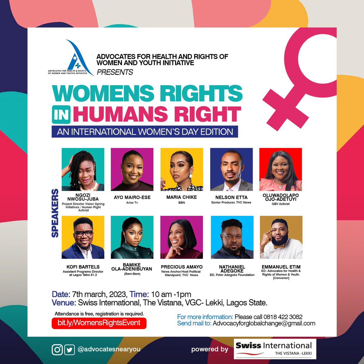 Advocatenearyou's tweet photo. Can we truly have a society where the rights of women are put as a top priority in Nigeria? 
Join us as we discuss the topic! 
DATE: 7th March 2023
VENUE: Swiss International, The Vistana, VGC, Lekki, Lagos
TIME: 10 am - 1 pm
Register here: https://t.co/Yivd3LIsE1 
See you there! https://t.co/xZyIptu8mm