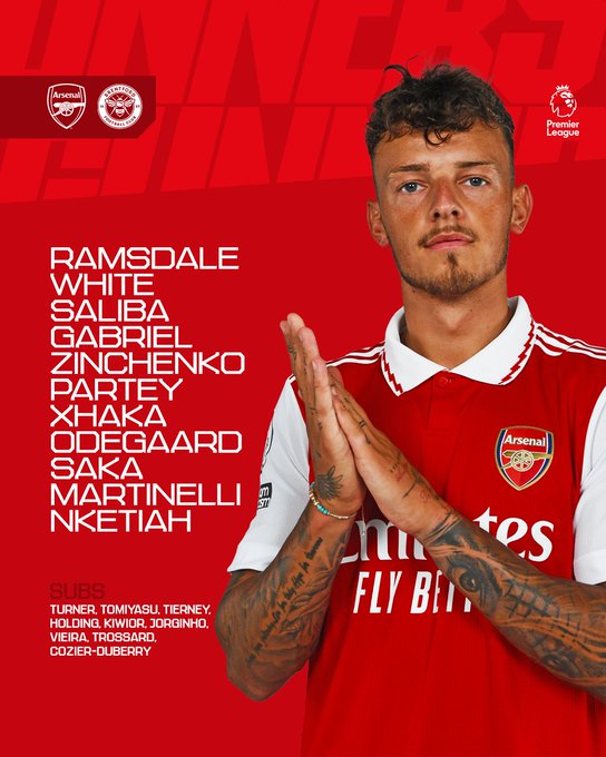 Line-Up: Ramsdale, White, Saliba, Gabriel, Zinchenko, Partey, Xhaka, Odegaard, Saka, Martinelli, Nketiah

Subs: Turner, Tomiyasu, Tierney, Holding, Kiwior, Jorginho, Vieira, Trossard, Cozier-Duberry