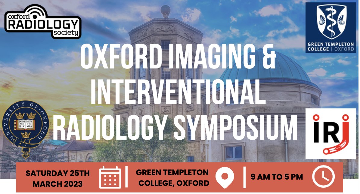 The Oxford Imaging & Interventional Radiology symposium is the newest med student #IRad event! 📅 Saturday 25th March 9-5 🌍 Green Templeton College, Oxford 🌟 Now FREE for students, £10 junior docs Abstracts: docs.google.com/forms/d/1EpiDf… Register: eventbrite.co.uk/e/oxford-imagi…
