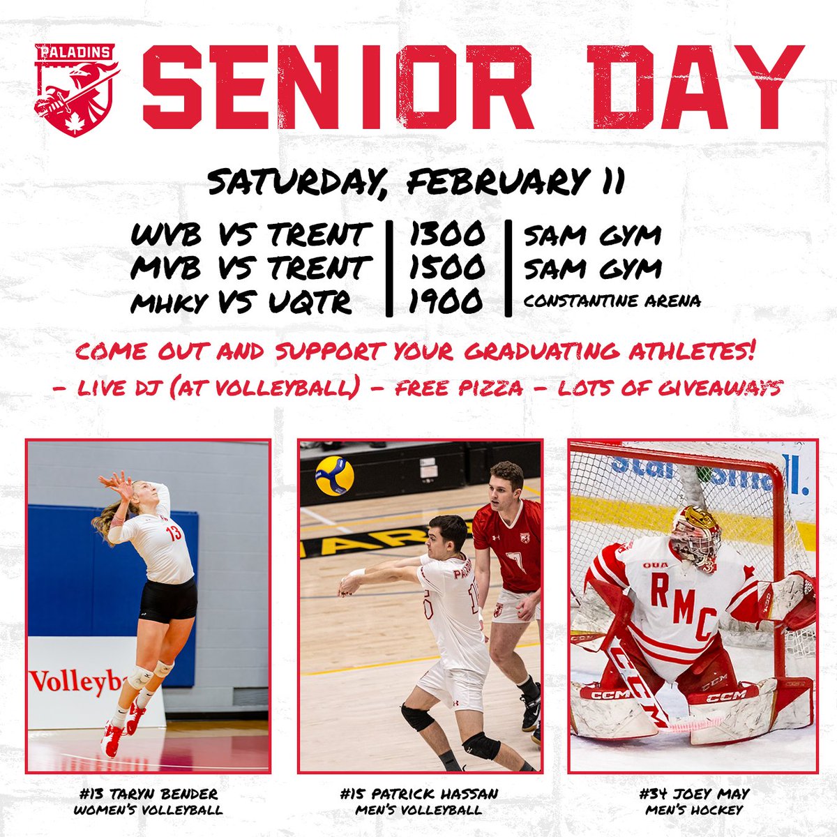 RMCPaladins's tweet photo. Today is Senior Day! 🎉

Come support all your graduating Paladins as they play their final games in the Red and White!

Enjoy a live DJ (at volleyball), free pizza and lots of giveaways!

💻: WVB &amp; MVB (https://t.co/r1FUT0ziFN) &amp; MHKY (https://t.co/sDuToyNcBQ) https://t.co/Vv5GWq2VRD