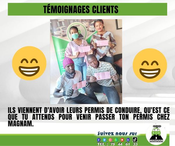 MagnamAuto's tweet image. 𝐓𝐄́𝐌𝐎𝐈𝐆𝐍𝐀𝐆𝐄𝐒 𝐂𝐋𝐈𝐄𝐍𝐓𝐒

ILS VIENNENT D'AVOIR LEURS PERMIS DE CONDUIRE, 

Qu'est ce que tu attends pour venir passer ton permis chez magnam.

📌 Sogoniko près de la Station Shell .

#autoécole #Magnam #Mali #SécuritéRoutière #savoirconduire