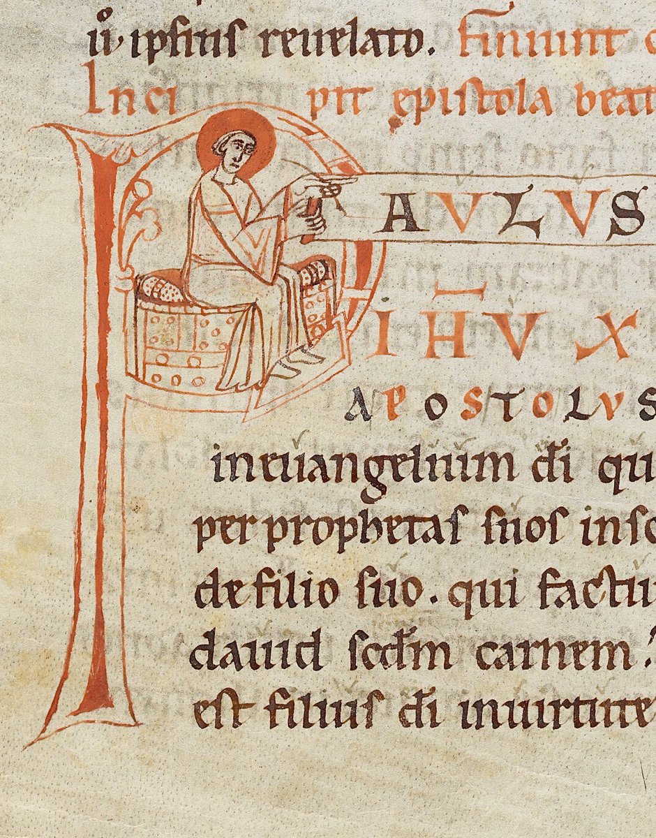 red_loeb's tweet photo. Initial 'P'(aulus) at the beginning of the Epistle to the Romans depicting Paul writing the text
#Metatext
Bodleian Library MS. Laud Lat. 103; Pauline Epistles; 1150 CE–1200 CE; Germany (Würzburg); f.7r @BDLSS https://t.co/LXN0bnbIZv