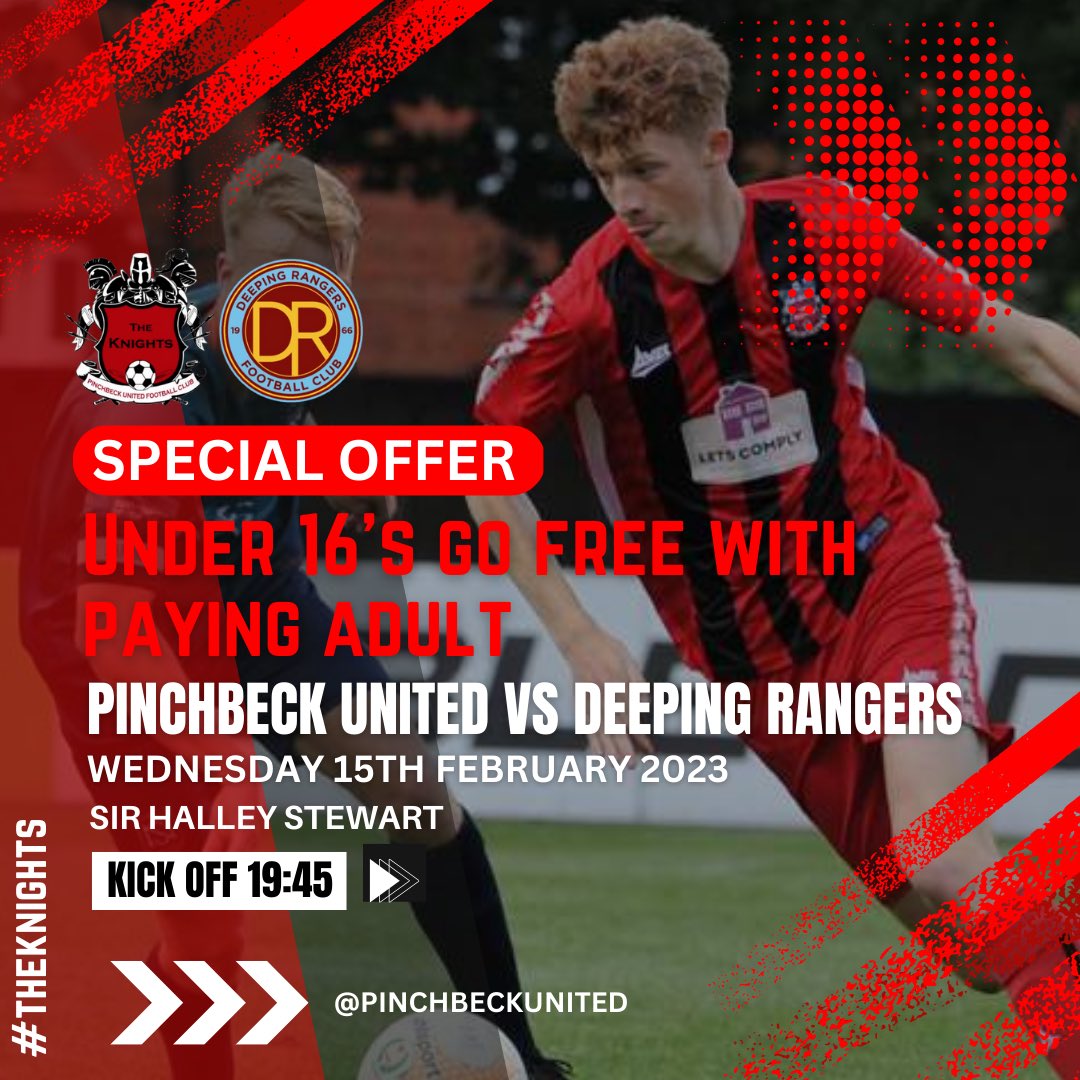 PinchbeckUnited's tweet photo. The Knights are back at Home this Wednesday night as we welcome @DeepingRangers in a “under 16s go free with a paying adult” Special offer!
Head down to the Sir Halley Stewart for a 19:45 kick off!
#UpcomingFixture #Backathome https://t.co/v4aucL3qUq
