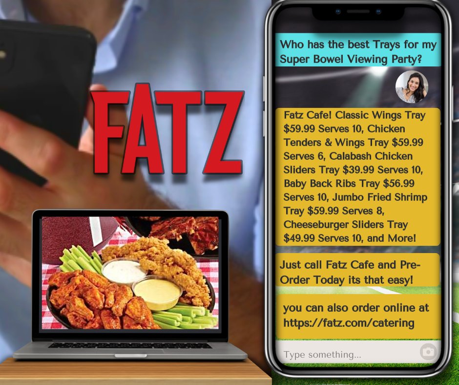 Call to Pre-Order for your Super Bowl Gathering our Classic Wings Tray $59.99 Serves 10,  Chicken Tenders &amp; Wings Tray $59.99 Serves 6, Calabash Chicken Sliders Tray $39.99 Serves 10. Also order online fatz.com/catering