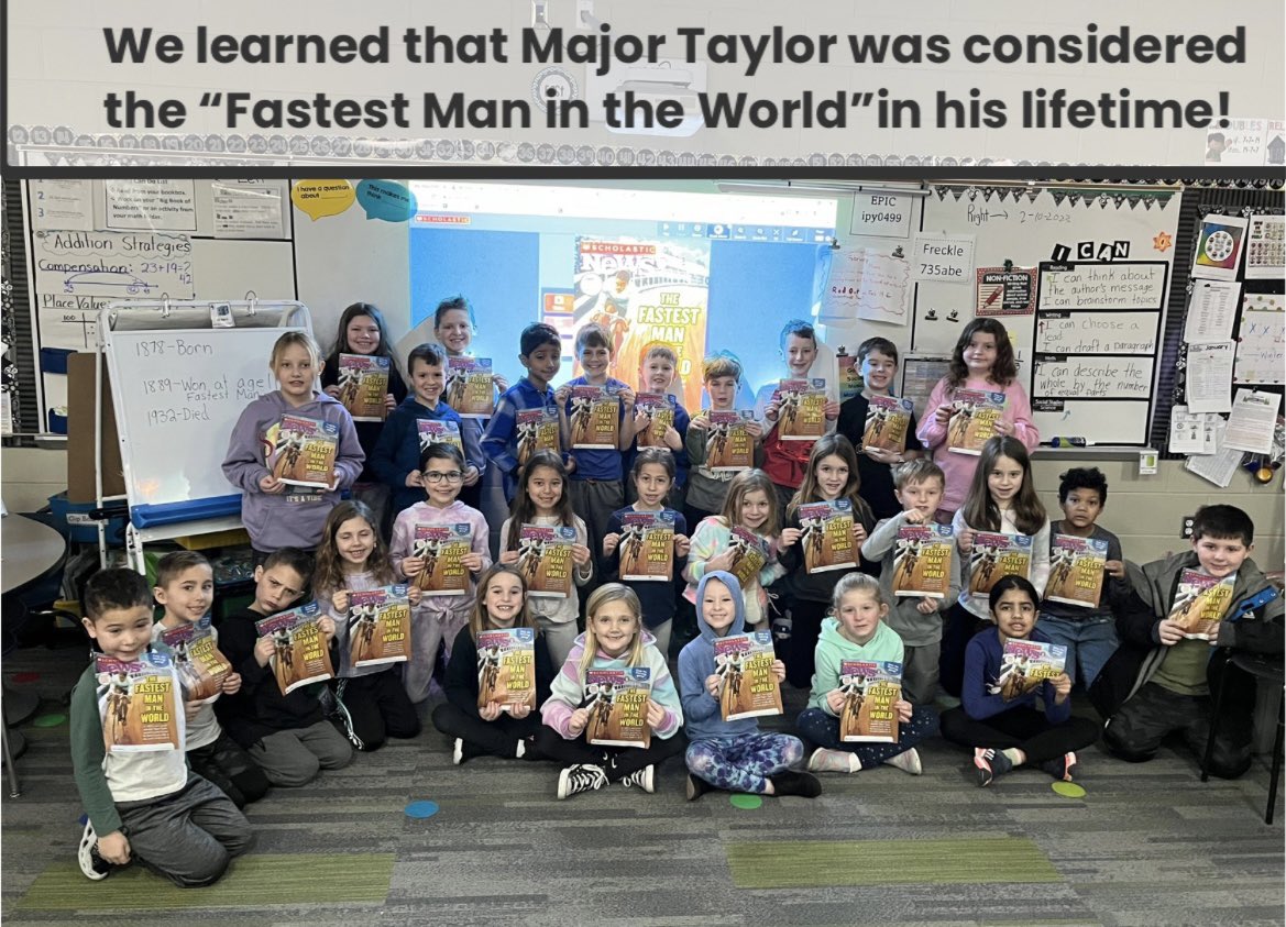 SLCSMrsAllen's tweet photo. Second Grade Pioneers read all about Major Taylor’s life, how he overcame discrimination and how he became “The Fastest Man in the World” in our Scholastic News this week!  @SLCSpearson https://t.co/JAIc6DkAQy