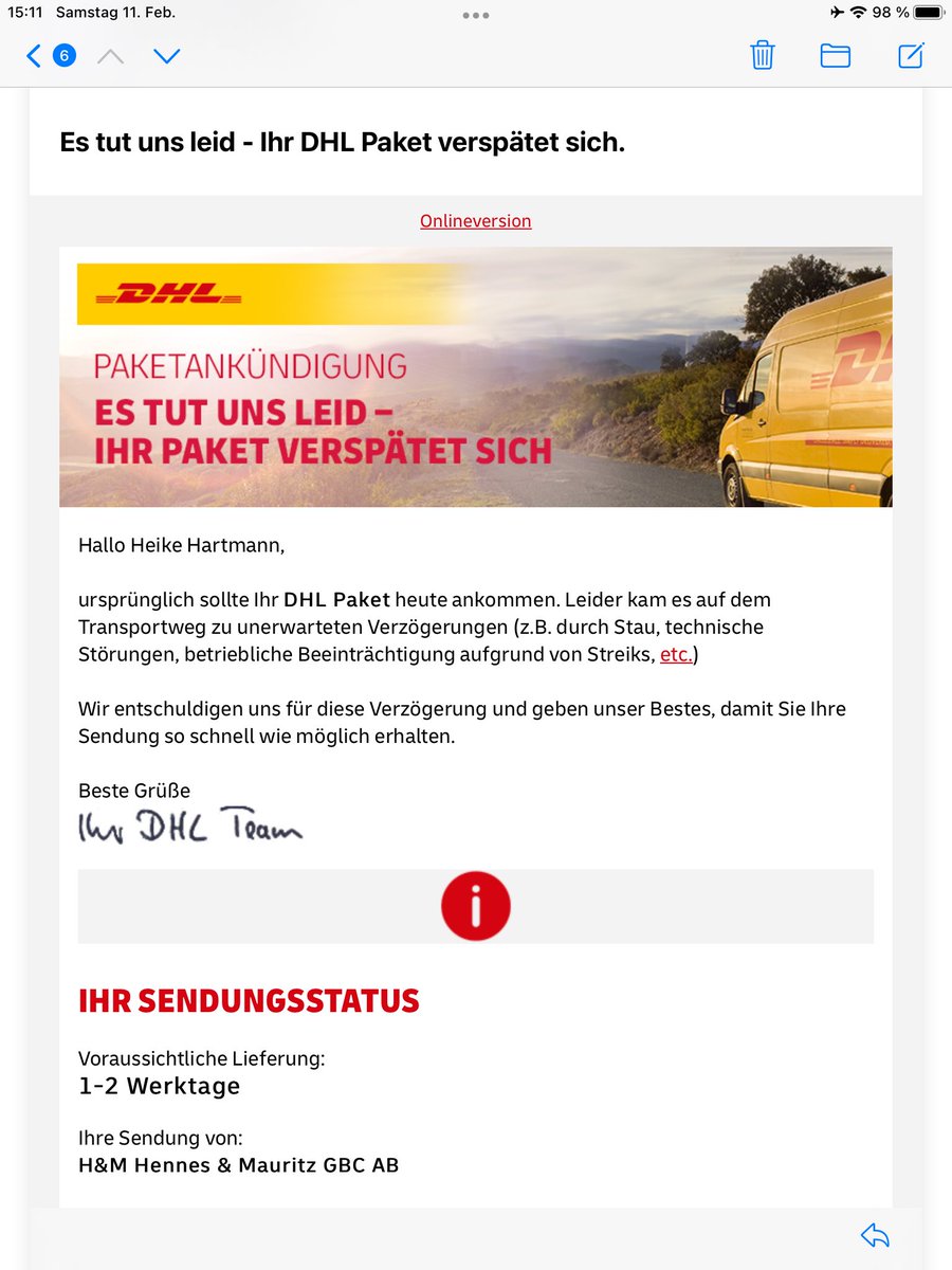 gladyzone's tweet photo. @DHLPaket Und was soll ich nun davon halten?
Drei Zustellstopps waren es am Donnerstag noch und nun das? Ich gehe mal davon aus, dass die Info in der Mail Blödsinn ist. Und nun muss ich mich drum kümmern, dass mir die Ware noch, mal zugesendet wird. https://t.co/Iu2JBBXvMj