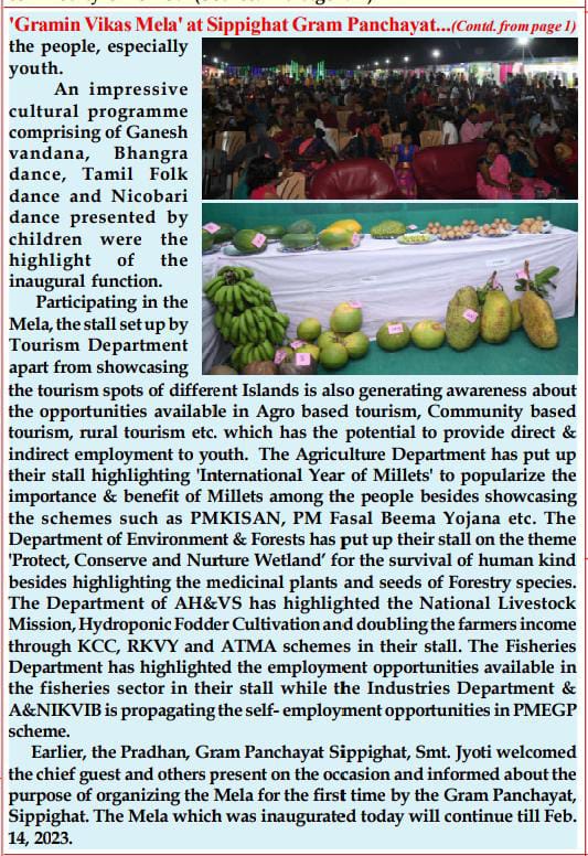 Grameen Vikas Mela organised for the first time by  GP-Sippighat commemorating it's Sthapana Diwas on 10-2-23 to showcase different welfare and employment generation schemes of Govt. Secretary (RD/Panchayat) Inaugurated the mela as Chief Guest.

<a href="/mopr_goi/">Ministry of Panchayati Raj, Government of India</a>