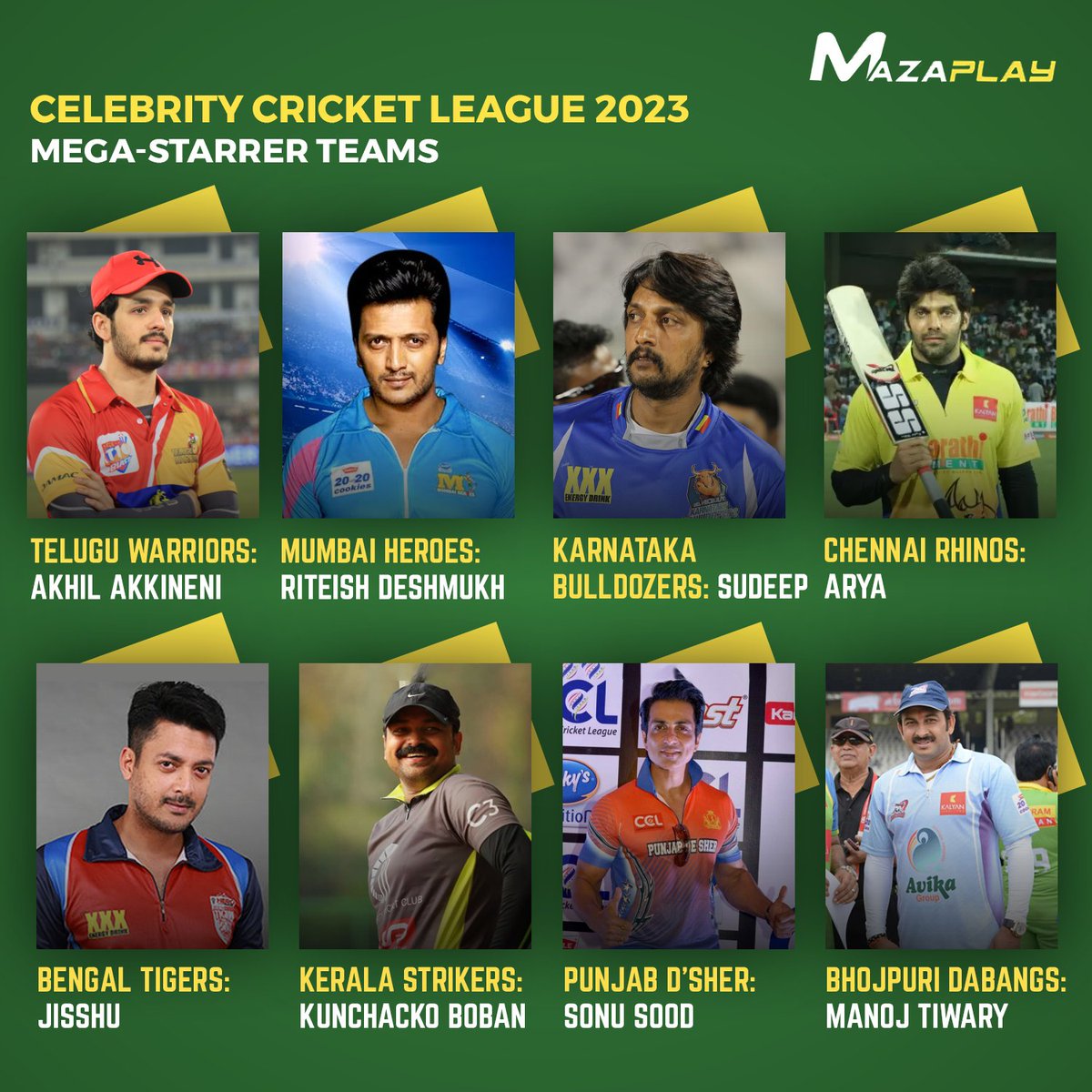 The captains for the new season of CCL (Celebrity Cricket League 2023) have been announced.

#CCL #CelebrityCricketLeague #ccl2023 #MazaPlay