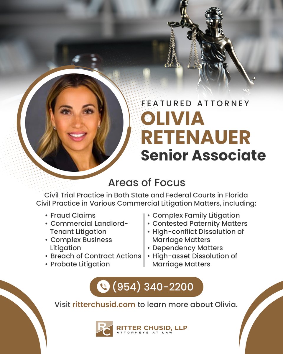 Olivia is an incredible asset to the Ritter Chusid, LLP team! She's a Senior Associate with extensive knowledge and experience in the field. To learn more about Olivia, visit our website ritterchusid.com. #seniorassociate #floridalawyer #floridaattorney #lawfirm #attorney