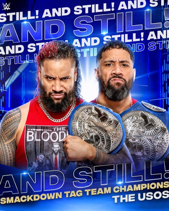 UnmatchedWWE's tweet photo. AND STILL #SmackDown  Tag Team Champions... 

@SecondaryBlood @MainEventBlood @JEYUSOZ @OneHeldHigh @ThrowThemOnes @SamoasMercenary @JEYISMS @OneRemainsDown! The 572 day reign continues. ☝️ https://t.co/VpJNcnGCLM