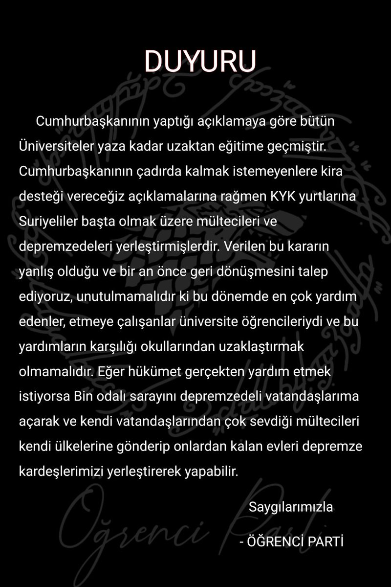 The_Fakulte's tweet photo. Öğrenci Parti Duyurusu #deprem 
#ueniversiteler #ueniversitemedokunma https://t.co/5ZEJo4JQI4