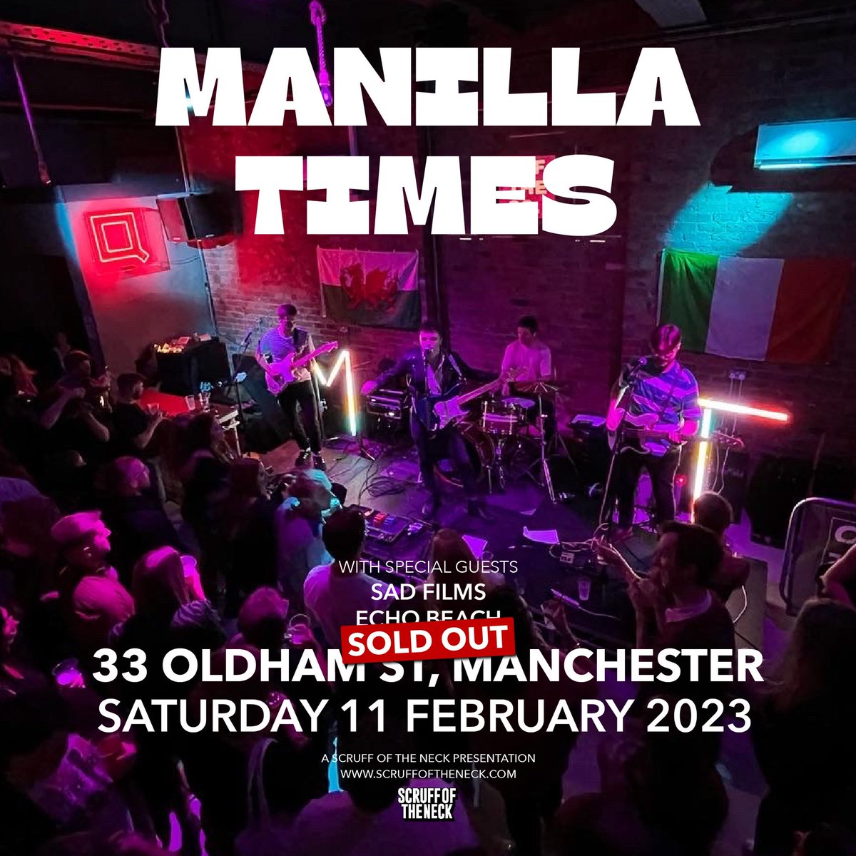Manchester tonight, and it’s LIIIIIIVEEEE
@33_oldhamstreet 

Oh and it’s sold out 🎉

SET TIMES
Doors 7:30pm
@echobeach_uk 7:45pm
sad films (too cool for Twitter) 8:30pm
Gorilla Crimes 9:15pm
Curfew 11pm

Get down early folks. It’s gonna be a belter x

@scruffoftheneck