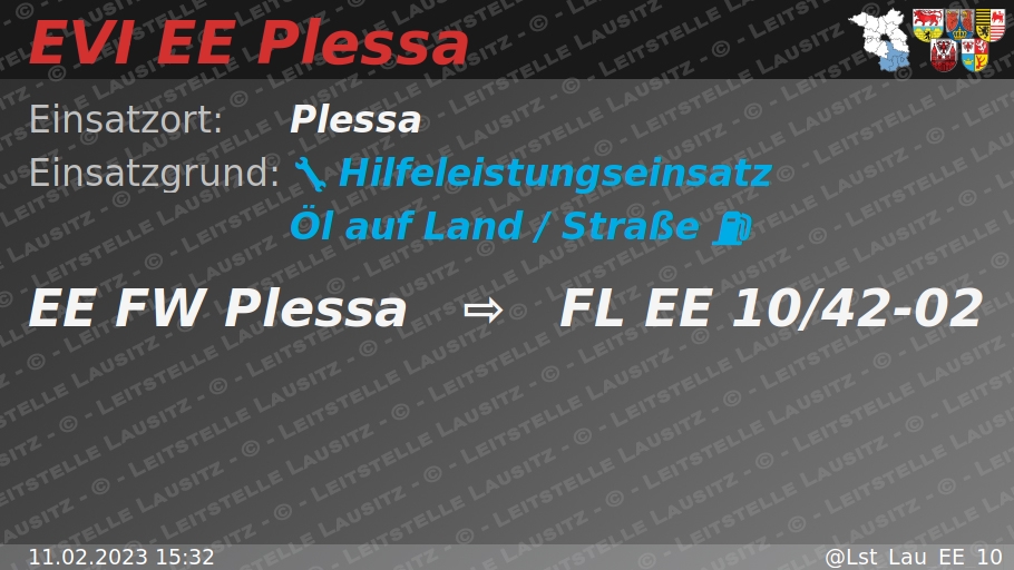 🚨 11.02.2023 15:32 ⛽ 🌍 H:Öl-Land 🌐 Plessa 🚒 ⇨ FW Plessa wachalarm.leitstelle-lausitz.de/dbrd/b5483ae4-…