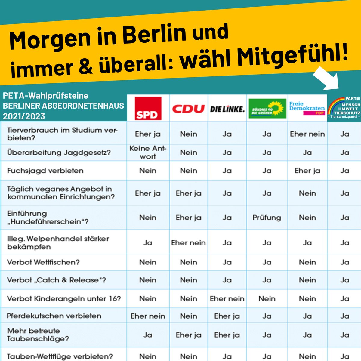 Tierschutzparte's tweet photo. Wer für ehrliche Tierschutzpolitik genauso wie für linke, progressive und ökologisch verantwortliche Politik ist, wählt PARTEI MENSCH UMWELT TIERSCHUTZ. Verschenke Deine Stimme nicht – gib sie denen, die sie brauchen: den Schwächeren und Stimmlosen! #Abgeordnetenhauswahl #Berlin https://t.co/DCE0znBkZy