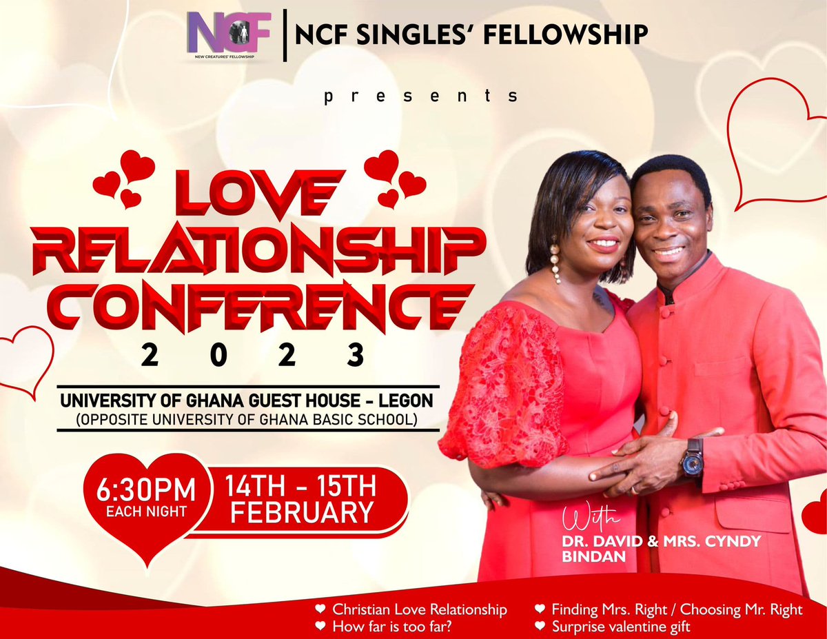 Davidbindanlive's tweet photo. LOVE RELATIONSHIP CONFERENCE - LRC 2023!!!

With Dr. David &amp; Mrs Cyndy Bindan
Live at the University of Ghana Guest House, opposite UG Basic School 

It free ooh, get registered Now via this link👇
https://t.co/VxujZALU0K…

Your love relationship will be transformed! https://t.co/wUNkRhu2MJ