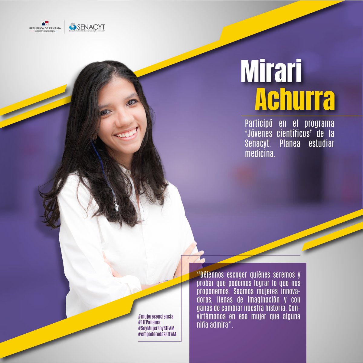 🇵🇦🥳Como parte de las actividades en conmemoración del 11 de febrero, Día Internacional de la Mujer y la Niña en la Ciencia, les invitamos a conocer a Mirari Achurra.

#11F #11FPanamá #11F2023 #MujeresEnCiencia #WomenInScience #LaMujerylaNiñaEnCiencia