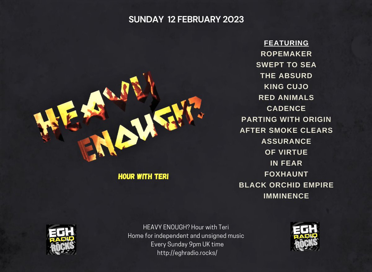 MusicMattersTee's tweet photo. Sunday 9pmUKtime worldwide #TuneIn @EGHRocks
#ListenHere
⇒https://t.co/aQGYmXtSH9
#HeavyEnough hour play the great new music from-
#ROPEMAKER @SweptToSea @theabsurdband @KingCuj0 @red_animals @ThatCadenceUK #PartingWithOrigin +more
Info:https://t.co/ivr7EnJbZH
#NewMusicAlert https://t.co/OU4KurIfk0