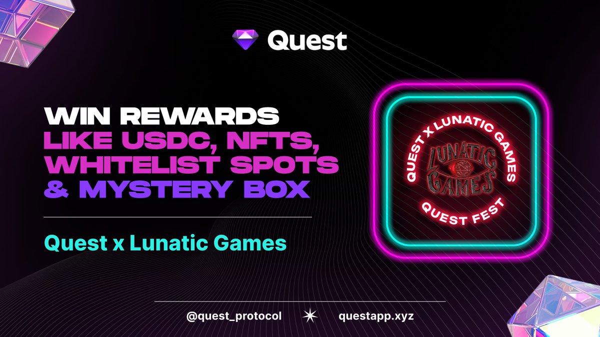 Greta__ai's tweet photo. It's Day 6 of #QuestFest and today we collab with @Lunatic_Games_ for the fun ride. 

🔁 Like, RT &amp; Tag 3 friends
✅ Follow @Lunatic_Games_ 
🏆 Claim your badge - https://t.co/Irxfl6OaU4

Lunatic Games is giving 2 OG roles as rewards for the community members. 🤑 

#GiveawayAlert https://t.co/czE32F2IZO