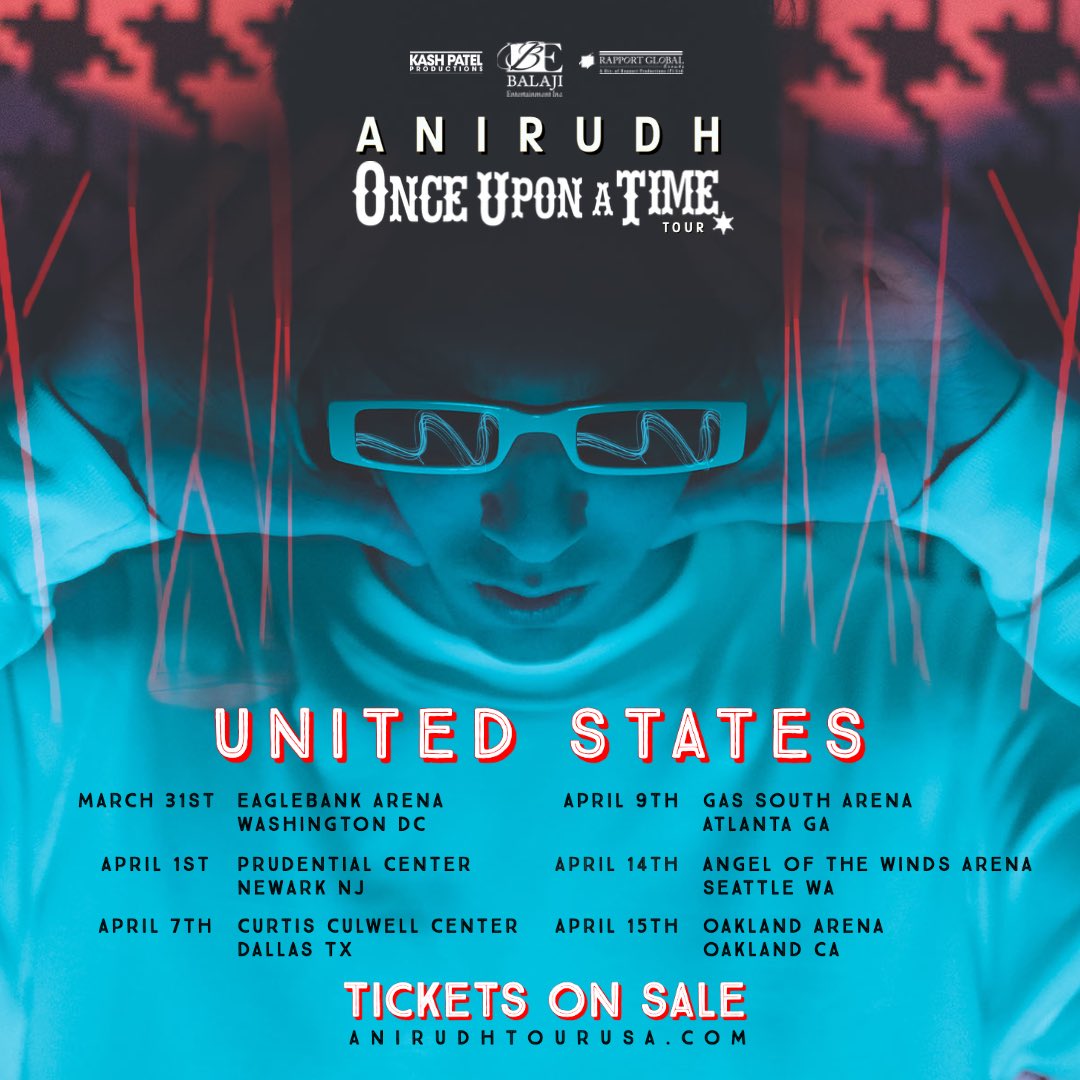 #OnceUponATime tour in the US from March 31st 🥁

🕺🏻💃🏻

Tickets on sale at anirudhtourusa.com

#LetsGoCrazy

@ShreeBalajiLive 
#kashpatelproductions
#rapportglobalevents