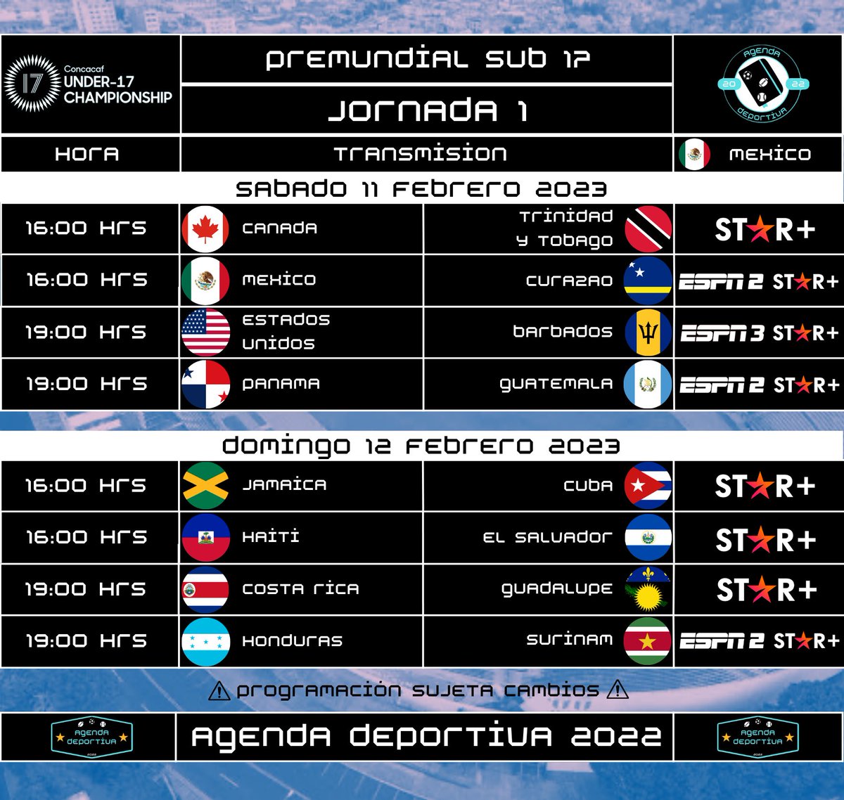 AgendaDeport22's tweet image. Pre Mundial Sub 17 CONCACAF
Tenemos la Jornada 1 de los equipos que se van a clasificar al Mundial Sub 17 2023 en Peru
#CONCACAF
#MundialSub17
#Peru2023