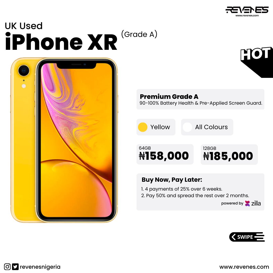 RevenesNigeria's tweet photo. The best thing that has happened since the iPhone is the ability to pay for the iPhone in installments. ✅

Premium Grade A iPhone XR available at the best price with flexible payment options. 

Check em out: https://t.co/28dGmiSVZG

#iPhoneXR #zilla #usezilla #bnpl #revenes https://t.co/aBYukrDuQt