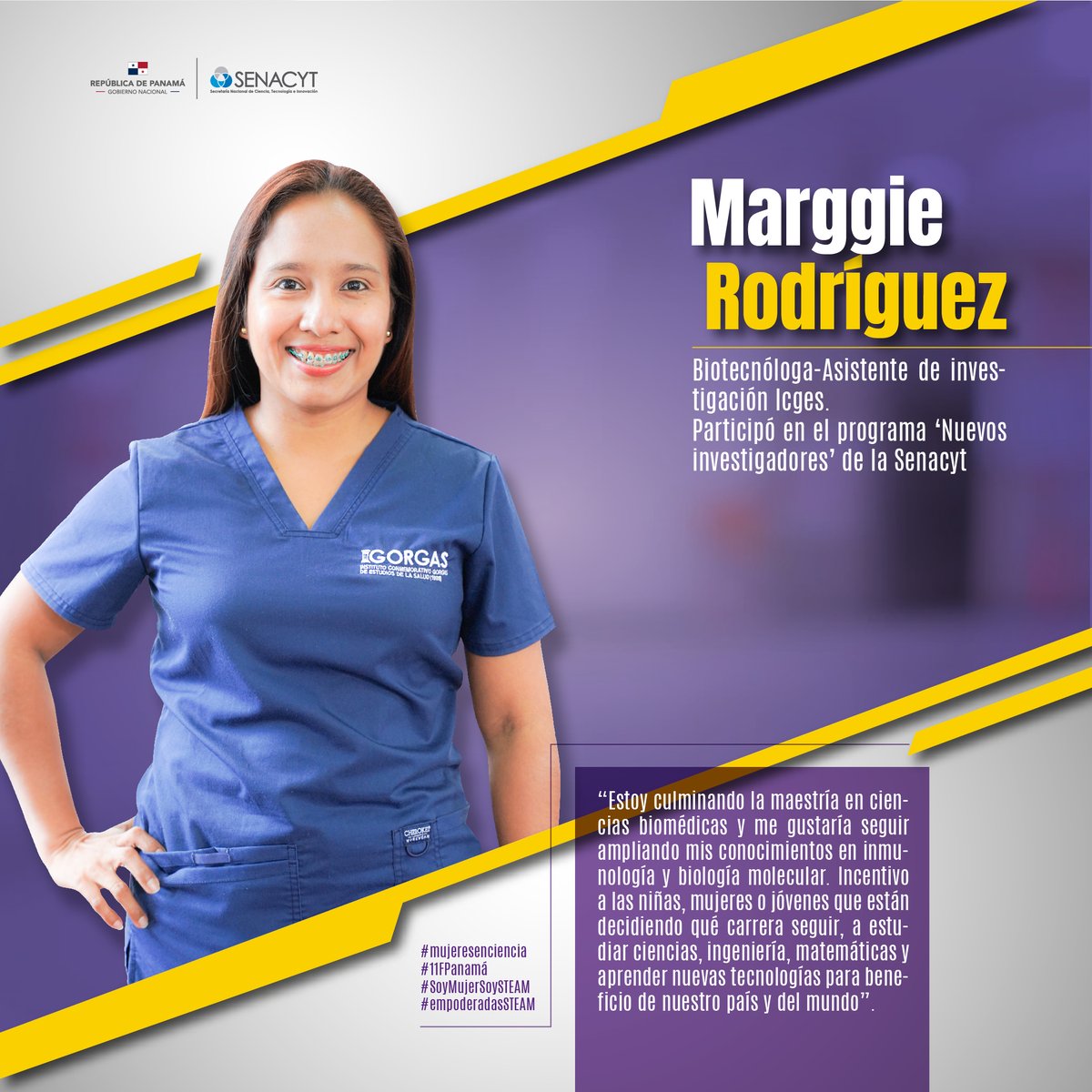 🇵🇦🥳Como parte de las actividades en conmemoración del 11 de febrero Día Internacional de la Mujer y la Niña en la Ciencia, les invitamos a conocer a  Marggie Rodríguez.

#11F #11FPanamá #11F2023 #MujeresEnCiencia #WomenInScience #LaMujerylaNiñaEnCiencia