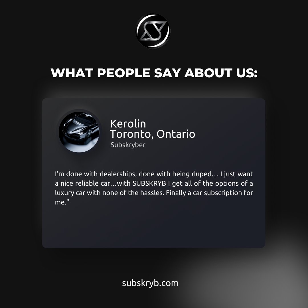 getsubskryb's tweet photo. "I’m done with dealerships, done with being duped… I just want a nice reliable car…with SUBSKRYB I get all of the options of a luxury car with none of the hassles. Finally a car subscription for me." 
                                                 - Kerolin, Toronto, Ontario https://t.co/4ADg2i9vHV