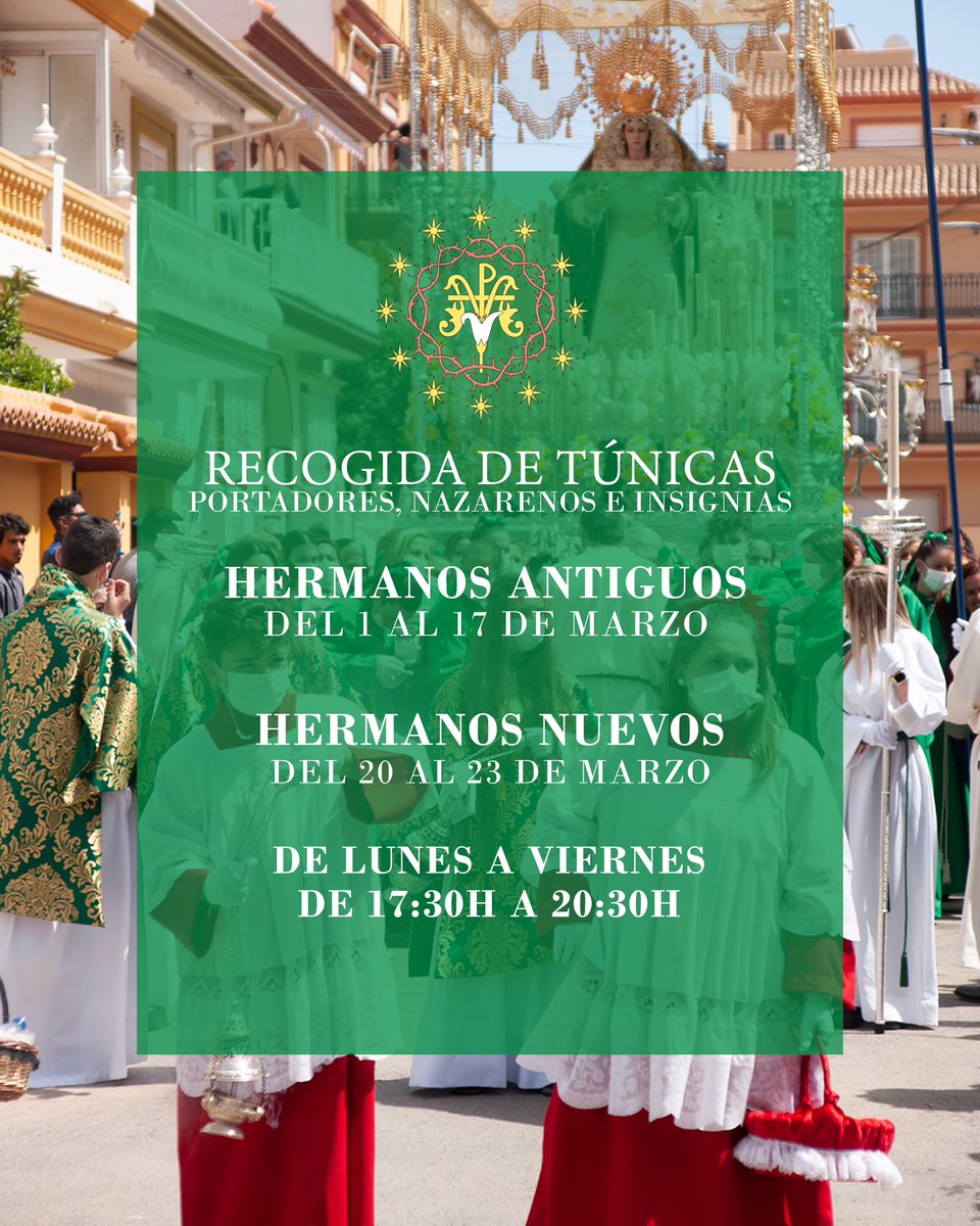 Los plazos de recogida de túnicas y abono de Cuota de Hermano son los siguientes:

🗓️HERMANOS ANTIGUOS: Del 1 al 17 de marzo

🗓️HERMANOS NUEVOS: Del 20 al 23 de marzo

⏱️Horario: de Lunes a Viernes de 17:30h a 20:30h 

📍Casa Hermandad C/parra