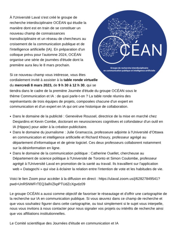 Cath_Ouellet's tweet photo. Bien heureuse de participer à cette table-ronde le mois prochain sous le thème de la communication et de l’IA 🙂 Toutes et tous sont bienvenus! https://t.co/dbQ1B2RRx6