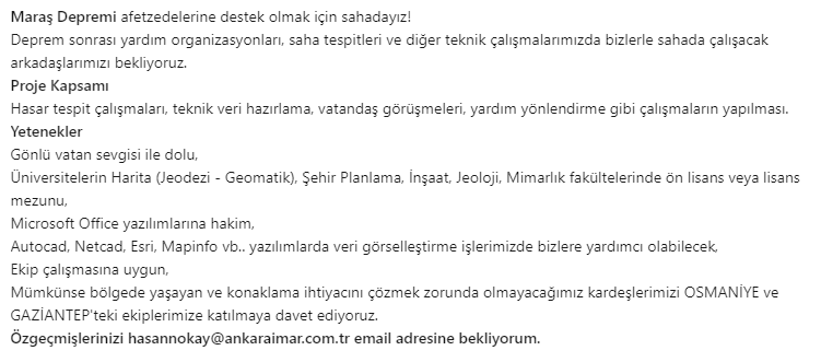 Maraş Depremi hepimizi gönülden yaraladı. Hepimiz, elimizden geleni, hatta daha fazlasını yapmalıyız. Osmaniye ve Gaziantep'teki ekiplerimize katılmak isteyen arkadaşlarımızın başvurularını bekliyoruz. İlan detayları aşağıda 👇 #deprem