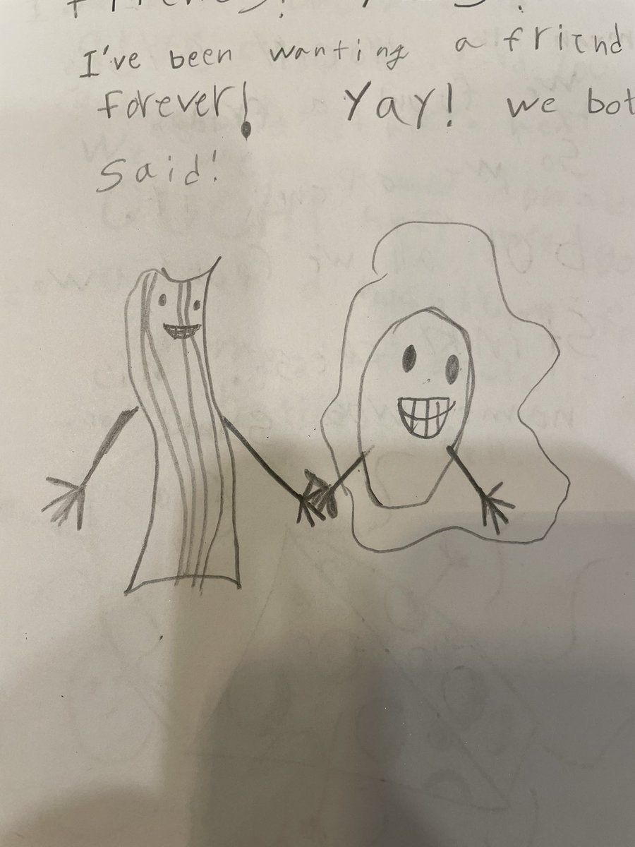 My seven-year-old wrote a story about a piece of bacon and a cracked egg who meet at an Arby’s and become best friends, and it’s everything. #WritingCommunity #kids