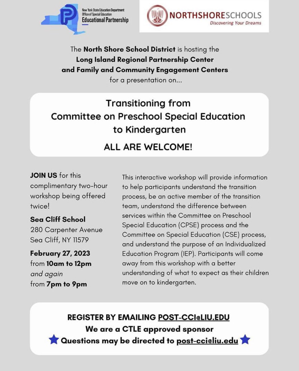 In person parent workshops sponsored by the LI Regional Partnership.