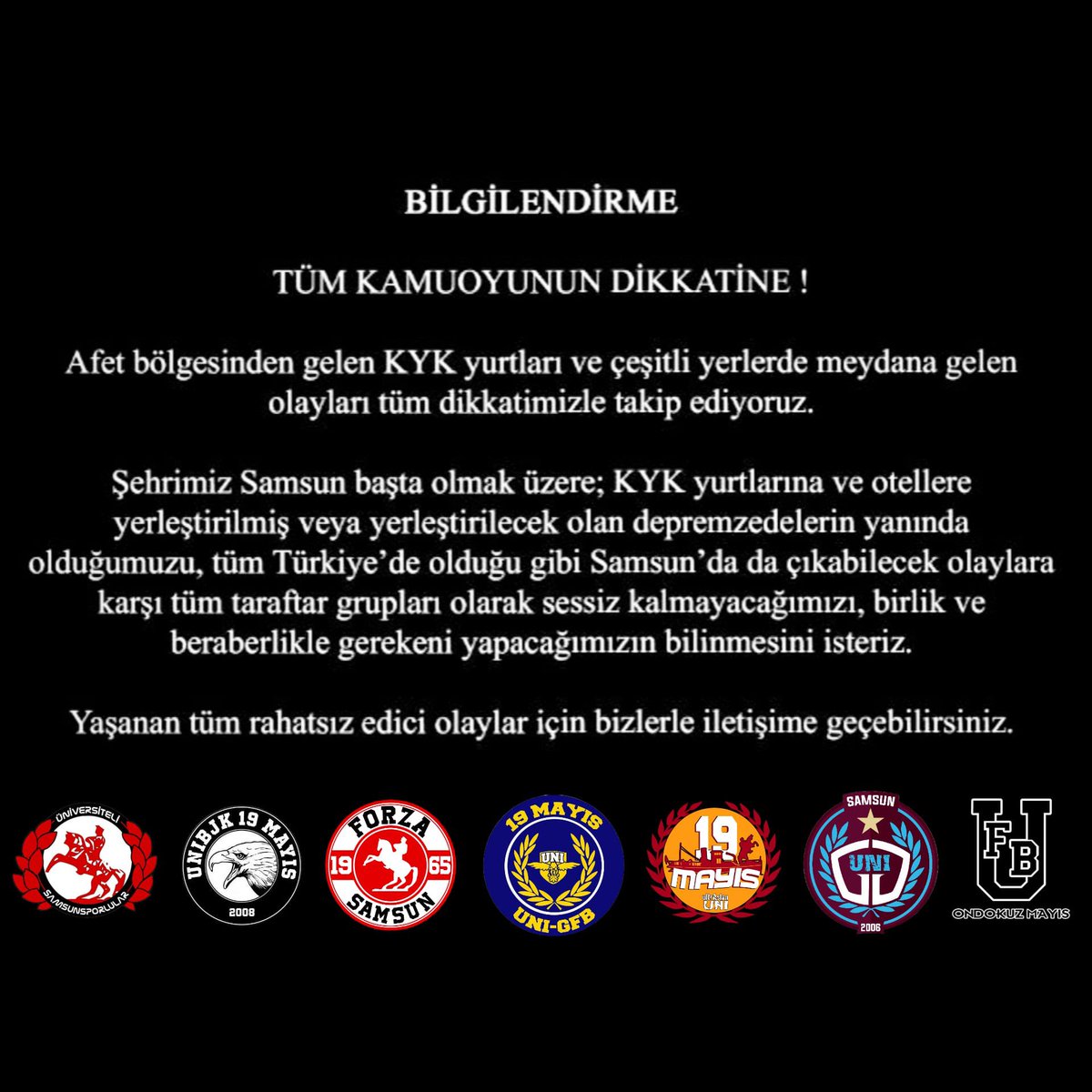 19MayisUNIGFB's tweet photo. ONDOKUZ MAYIS ÜNİVERSİTESİ TARAFTAR GRUPLARI OLARAK SAMSUN HALKINA DUYURUMUZDUR ! https://t.co/0fgIJ9Ig7P