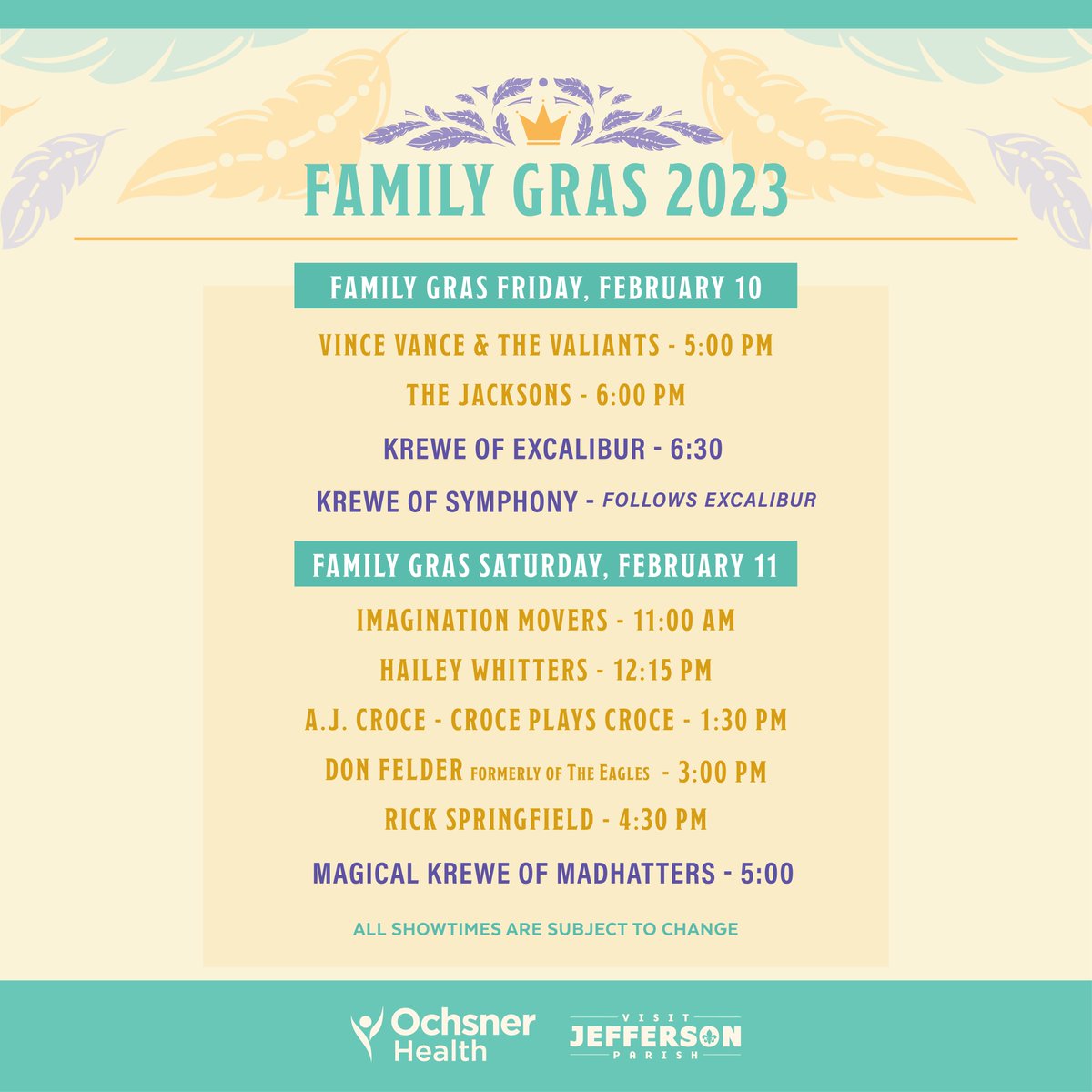 FamilyGras's tweet photo. It's #FamilyGras Saturday! ⁣

• Gates open - 9:30am⁣
• @iMovers - 11am⁣
• @haileywhitters - 12:15pm⁣
• Croce Plays Croce - 1:30pm⁣
• @donfelder - 3:00pm⁣
• @1EliteFishing Mardi Gras Cup weigh-ins - 4pm⁣
• @rickspringfield  - 4:30pm⁣

Info: https://t.co/gfTnRXElDV https://t.co/RFidv3wxwm