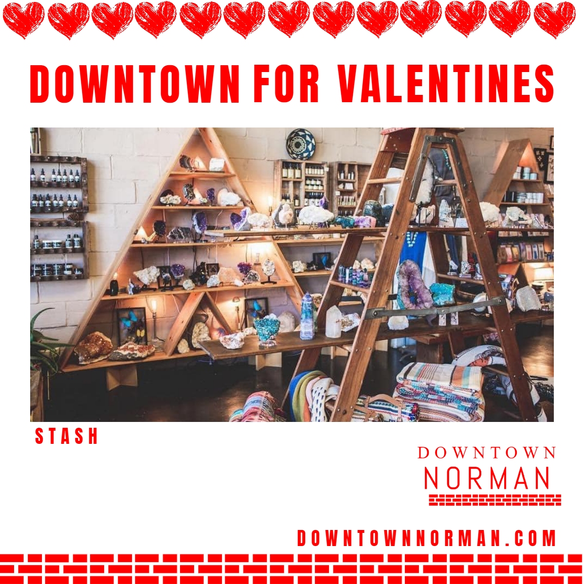 DowntownNorman's tweet image. Shop Downtown #NormanOK for your Valentine. 💘 With a little bit of everything, @stashgoods is your destination for the most unique gifts you'll find anywhere. Apparel, home goods, jewelry, handmade Oklahoma goods, vintage, fair trade, and more.

#shopNorman #shoplocal