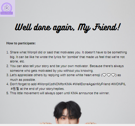 day6cbtags's tweet photo. Hi MyDays!
Wonpil is known as the member who gives us so much comfort. So, through this little movement, beside for celebrating Wonpil's 1st nomination for KMA, we hope that we can make you comfort yourself and spread the warmth to others like Wonpil usually does.🥰 https://t.co/4w0QozD8bZ