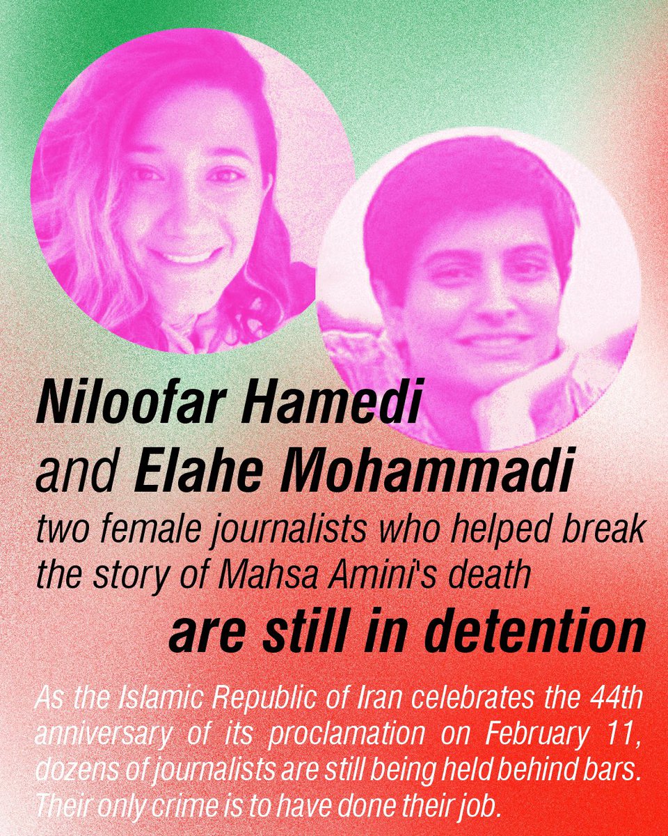 from____Iran's tweet photo. As the Islamic Republic celebrates the 44th anniversary of its proclamation today, Feb. 11, dozens of journalists are still being held behind bars.
Among them are #NiloofarHamedi and #ElaheMohammadi, two female journalists who helped break the story of #MahsaAmini's death/1 https://t.co/4MHz82vYHg