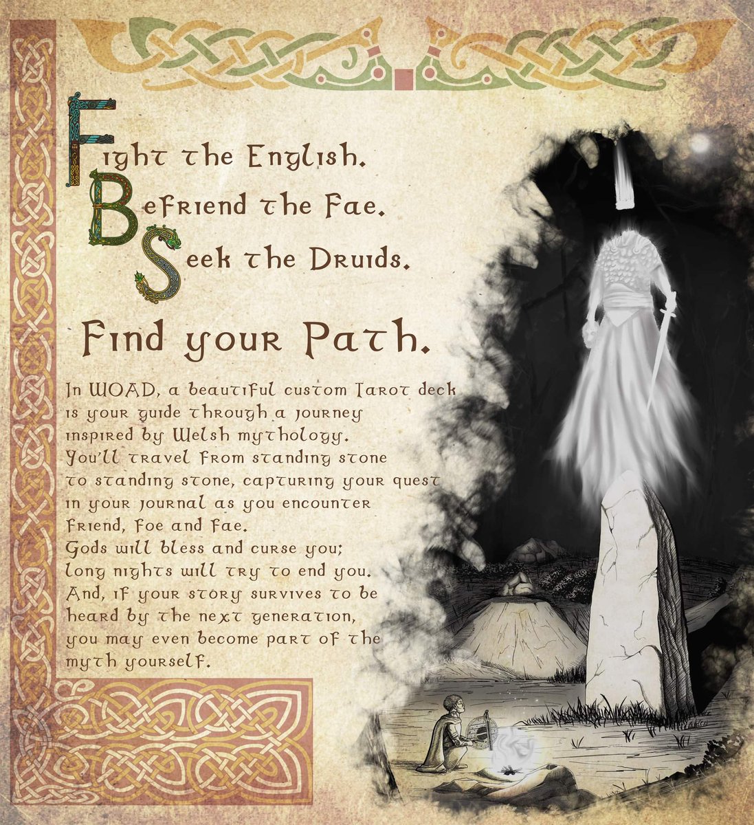 <a href="/FaerieFireForce/">Faerie Fire Force</a> <a href="/DorkDayPodcast/">Dork Day Afternoon</a> Shwmae!

Woad:Stone to Stone is only a few weeks away! Travel through mythic Cymru, using a custom tarot deck to guide your adventure as you face friend, foe, and fae!

First 100 backers will get a free miniature of Bran to adorn their shelf!

kickstarter.com/projects/woads…