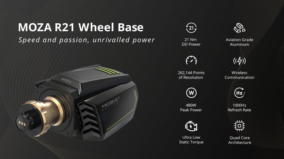 moza_racing's tweet photo. 9 key features of the MOZA R21 DD base 

- 21 Nm DD Power 
- All Aluminum Alloy Body
- 262,144 Points of Resolution
- Fully Wireless Communication
- 480W Peak Power
- 1000Hz Refresh Rate 
- Ultra Low Static Torque
- Quad Core Architecture 
- Superior Temperature Control https://t.co/0UONTbhOCh