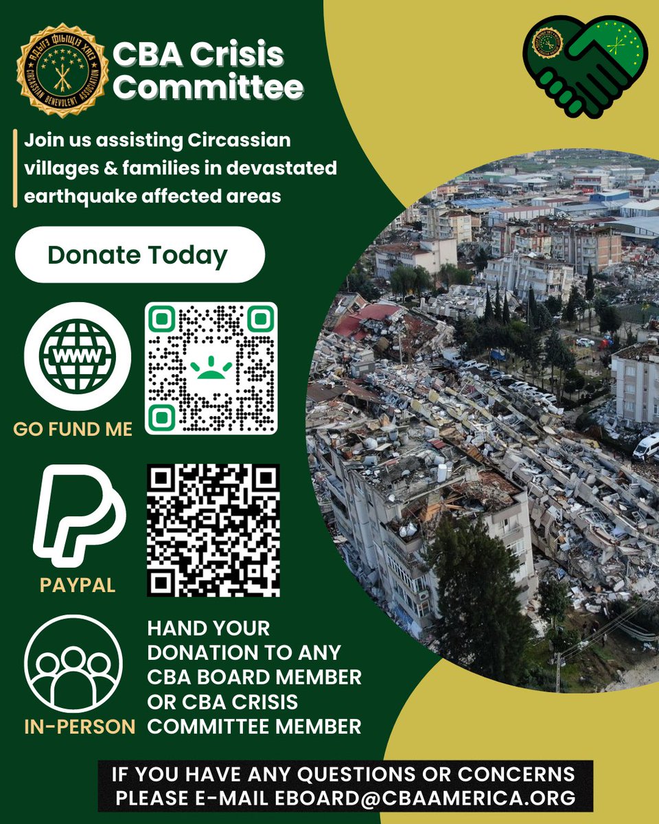 AdigaSilk's tweet image. Join the #Circassian Benevolent Association in assisting #Circassians in devastated #earthquake areas. 

#Turkey #Syria

GoFundMe: gofund.me/128fbdd6 

PayPal: paypal.com/donate/?hosted…

Please share!