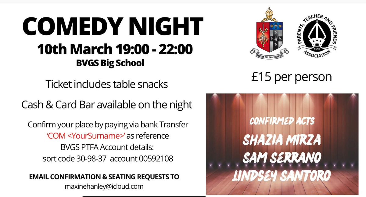 BVGS Parent Teacher & Friends Association (@bvgsparent) on Twitter photo Only a few weeks to go till our <a href="/BVGS1527/">Bishop Vesey's Grammar School</a> 10th March.
Great opportunity for parents & friends to get listen to some amazing local talent. £15 includes table snacks, Cash bar on the night.
Book your place and send your seat confirmation to <a href="/HanleyMaxine/">maxine hanley</a> Only a few weeks to go till our <a href="/BVGS1527/">Bishop Vesey's Grammar School</a> 10th March.
Great opportunity for parents & friends to get listen to some amazing local talent. £15 includes table snacks, Cash bar on the night.
Book your place and send your seat confirmation to <a href="/HanleyMaxine/">maxine hanley</a>