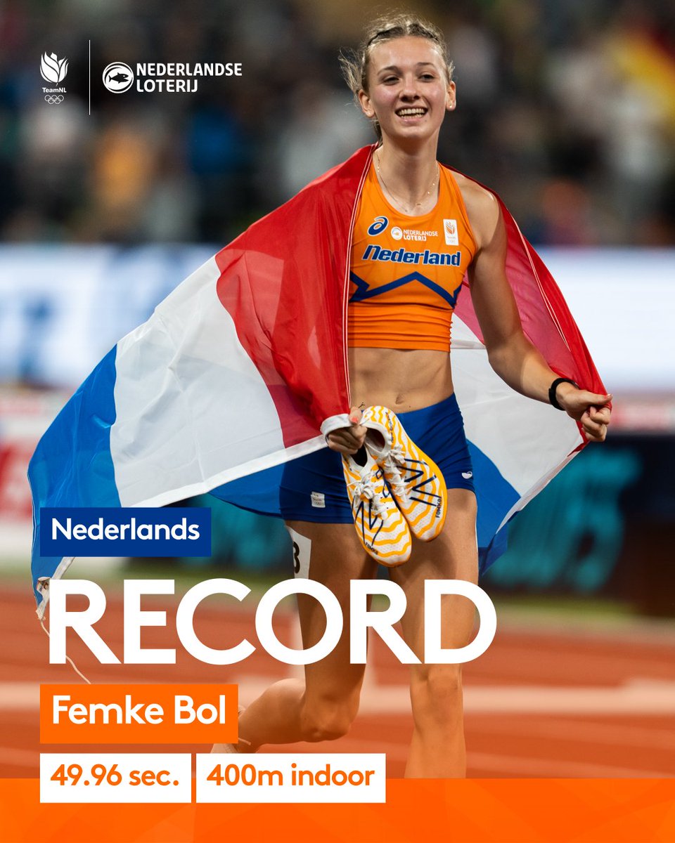 4️⃣9️⃣.9️⃣6️⃣ 🤯🥵

Femke Bol duikt onder de 50 seconden op de 400 meter indoor en verbetert daarmee haar eigen Nederlands record 🤩!

#TeamNL #NederlandseLoterij