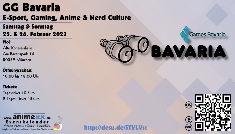 Gaming, Anime & Nerd Culture - die #GGBavaria @GamesBavaria holt am Wochenende vom 25. bis 26. Februar 2023 Player aus der Gamesbranche in die Alte Kongresshalle in München. Der #Animexx ist mit dem #DCM -Team zudem mit einem Cosplay-Wettbewerb am Start!
desu.de/STVLVsc