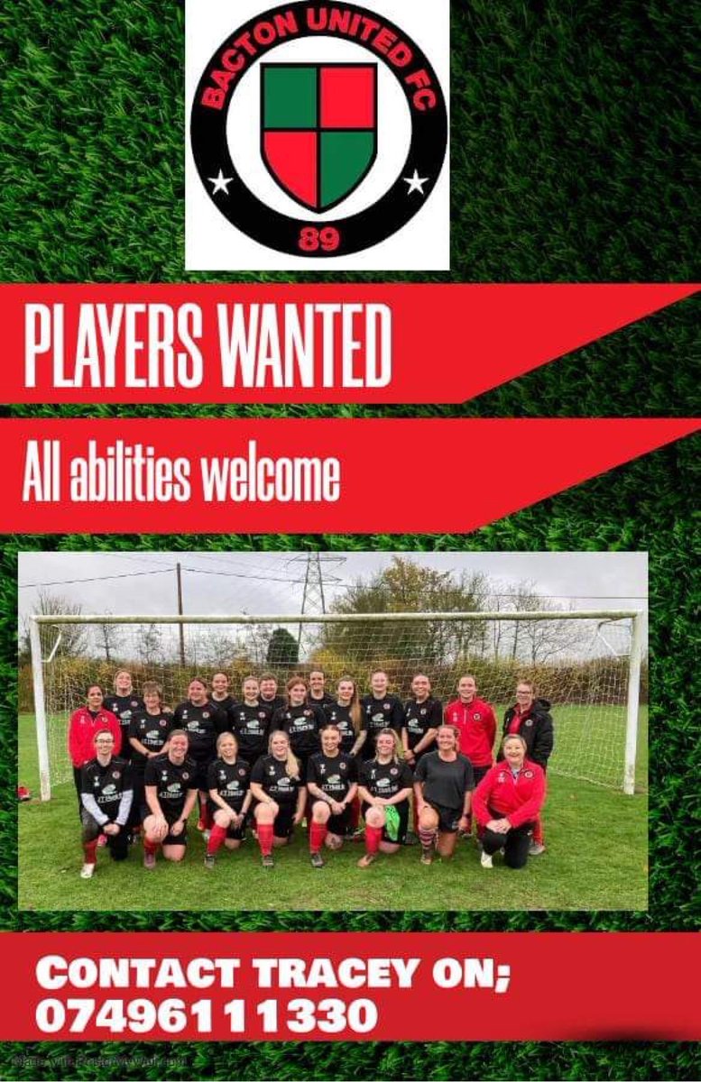 Bacton United 89 Ladies are looking for new players who would like to join their newly formed team. They are training ready to enter the league next season. Training day Weds, Sunday matches. 

We are friendly club with fab facilities - Get in touch if you are interested.