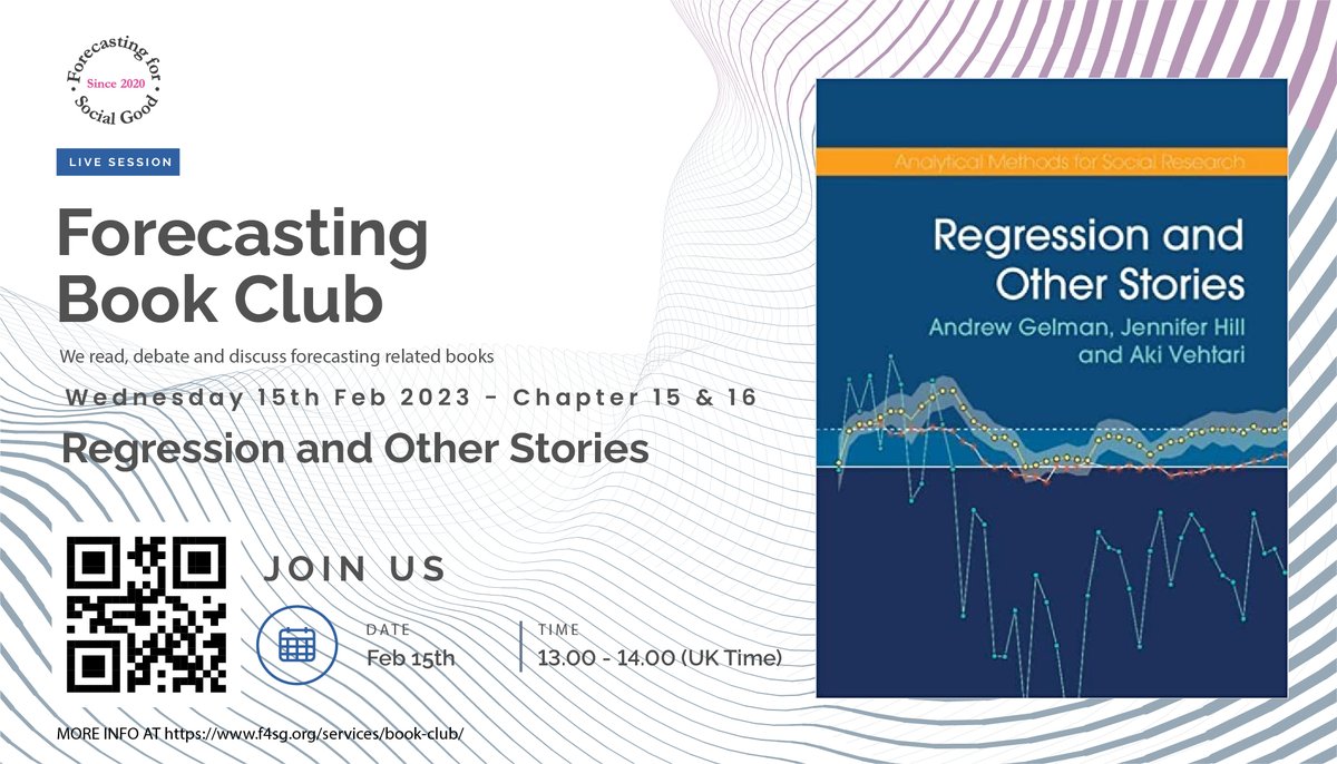 FSG_forecast's tweet image. Hi everyone,
We read Chapters 15 and 16  of "Regression and Other Stories" on Wednesday, February 15th, at 1 pm (UK time).
Here is the link to the book: lnkd.in/d5k4iDji
Join the Forecasting Book Club Slack Channel: lnkd.in/g3Mzpq8X
#F4SG #Forecasting #FBB