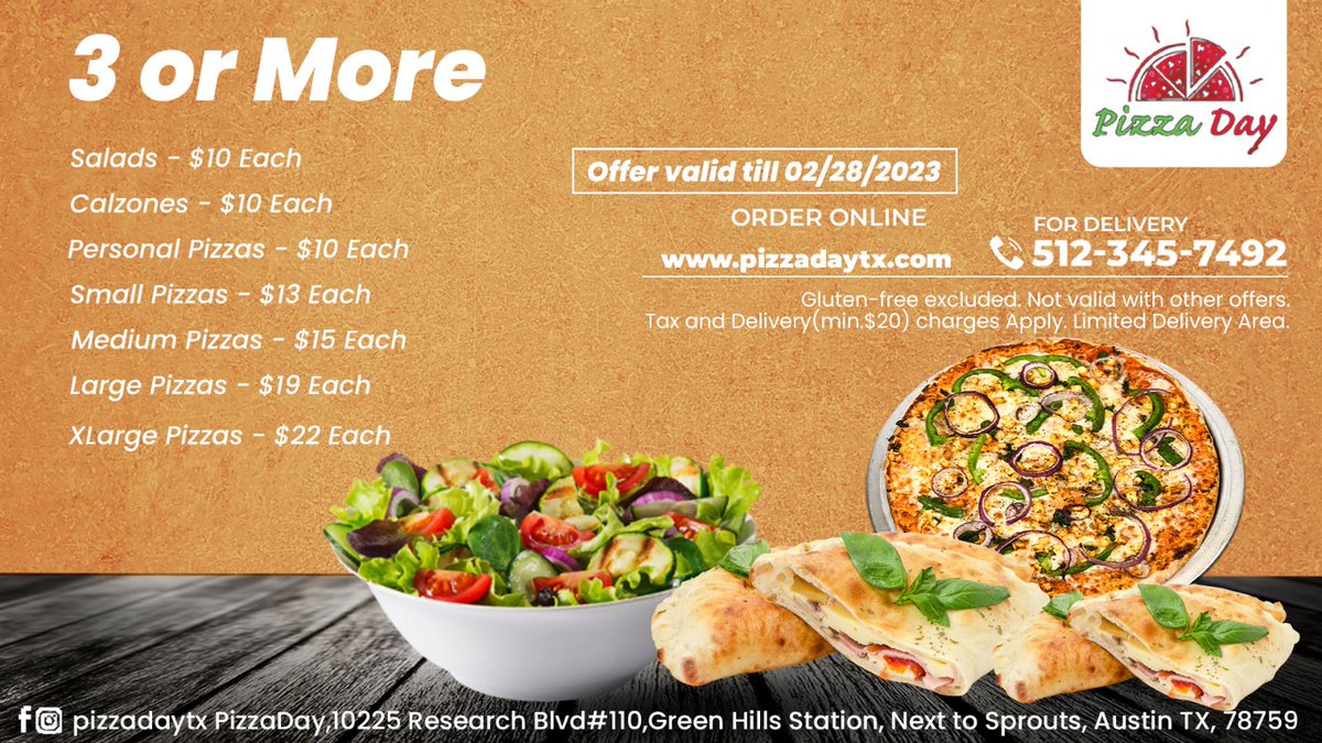 PizzaDayTx's tweet photo. Get your favourite #pizzas, #salads, #calzones for exciting offers at #Pizzadaytx!!!

#keepaustineatin #februarydeals #ordertoday #largepizza #mediumpizza #instafood #austinlocal #texas #smallpizza #organicfood  #deliciouspizza #atxfooddelivery #austintxfoods #pizzalovers https://t.co/g8XLBgv6kk