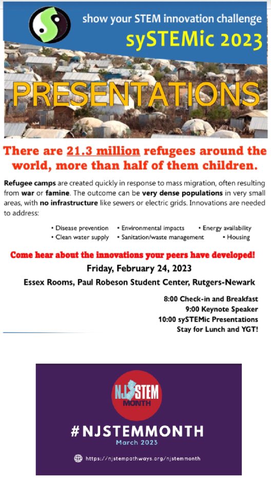 (1) We’re gearing up, getting ready for our 5th annual sySTEMic competition when @GSLsamp @B2bNnj students will present their solutions to the many challenges faced by refugees seeking a better life. Support #NJSTEMMonth @NJSTEMPathways @NewJerseyDOE @LSMRCE