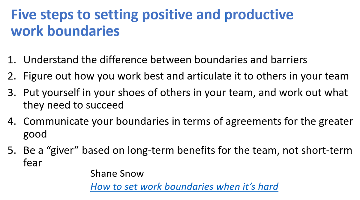 HelenBevan's tweet photo. I had a great conversation yesterday with @athinyaa about the importance of clear boundaries, especially when there's so much work demand. Setting effective work boundaries can help reduce stress &amp; improve team outcomes. A helpful article from @shanesnow: https://t.co/7SVCbFpXay https://t.co/KMzmUY3OHd